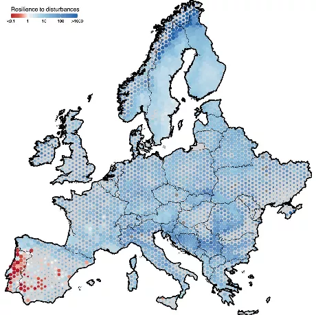 The spatial variation of disturbance resilience in Europe’s forests. Source: Senf and Seidl (2022)<br />
