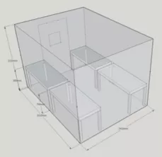 Fig. 1: Maße Phyto-Klimakammer mit Ebbe/Flut-Pflanztischen (M. Guderle)