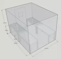 Fig. 1: Maße Phyto-Klimakammer mit Ebbe/Flut-Pflanztischen (M. Guderle)
