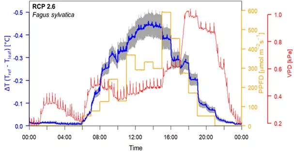 Example of a daily variation of the difference between reference body temperature and leaf temperature as a function of external parameters; recorded with an Ecomatik TransP sensor. Shown are mean values of 10 individual sensors ± SE (gray).